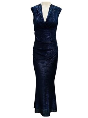 TALBOT RUNHOF BLUE METALLIC RUCHED GOWN / FORMAL DRESS